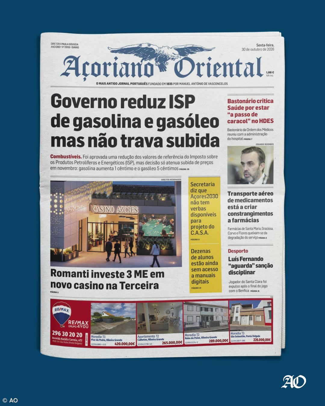 "Governo reduz ISP de gasolina e gasóleo mas não trava subida" é a manchete do Açoriano Oriental – Imagem 1