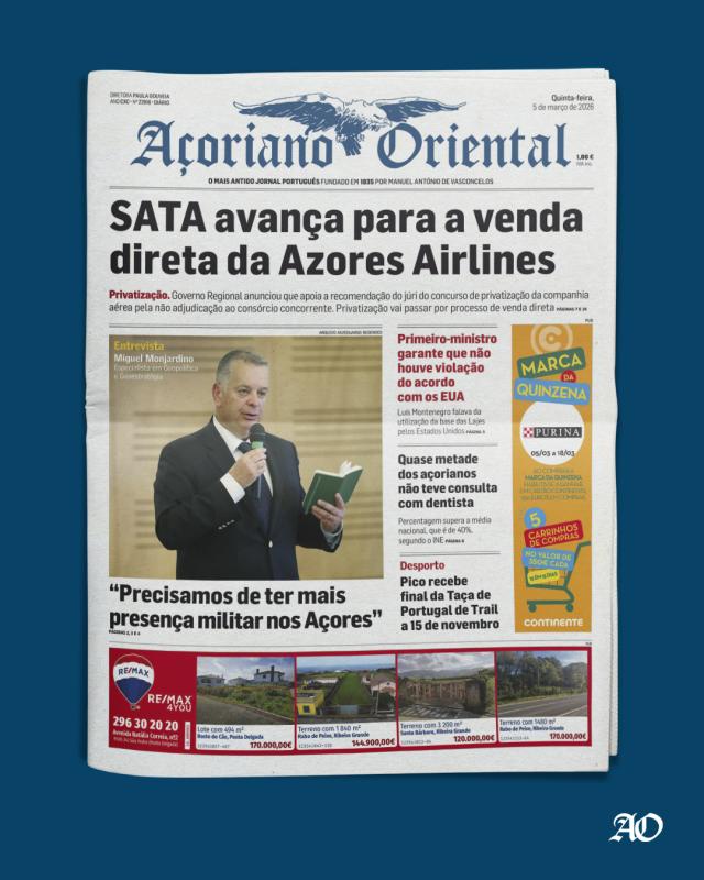 "SATA avança para a venda direta da Azores Airlines" é a manchete do Açoriano Oriental