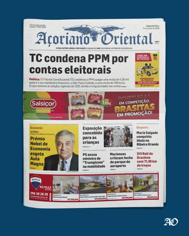 "TC condena PPM por contas eleitorais" é a manchete do Açoriano Oriental