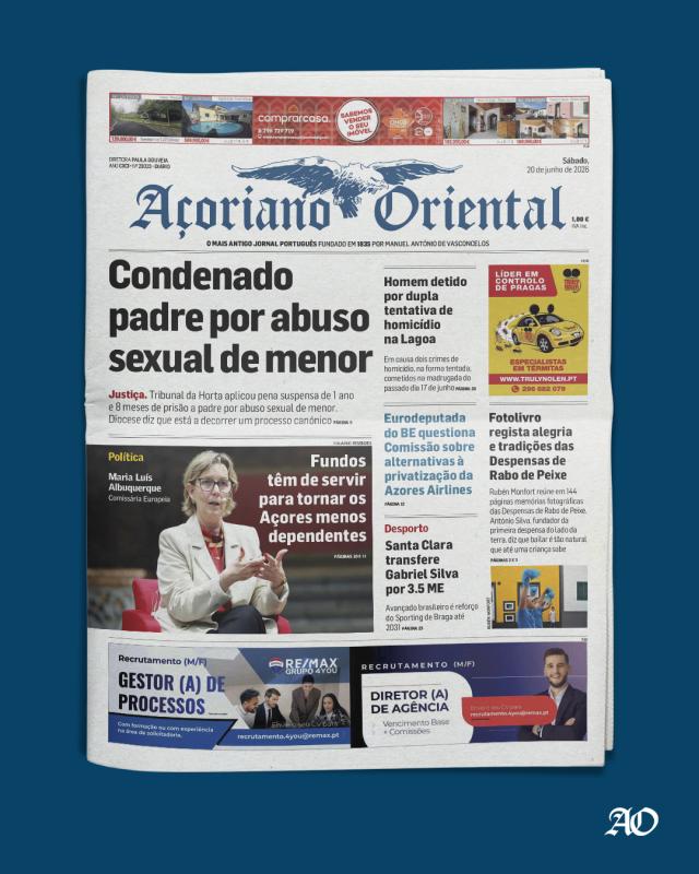 "Condenado padre por abuso sexual de menor" é a manchete do Açoriano Oriental