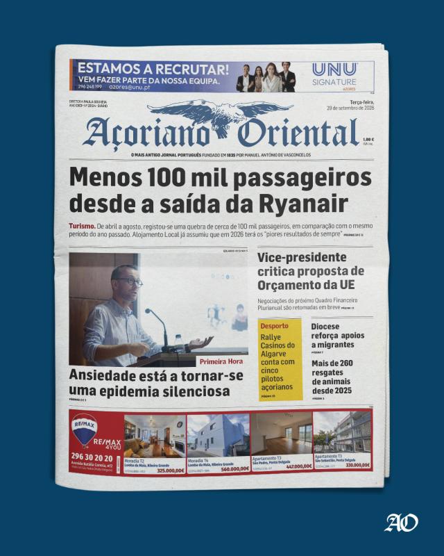 "Menos 100 mil passageiros desde a saída da Ryanair" é a manchete do Açoriano Oriental