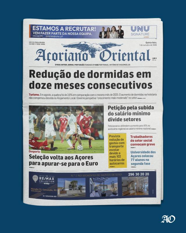 "Redução de dormidas em doze meses consecutivos" é a manchete do Açoriano Oriental