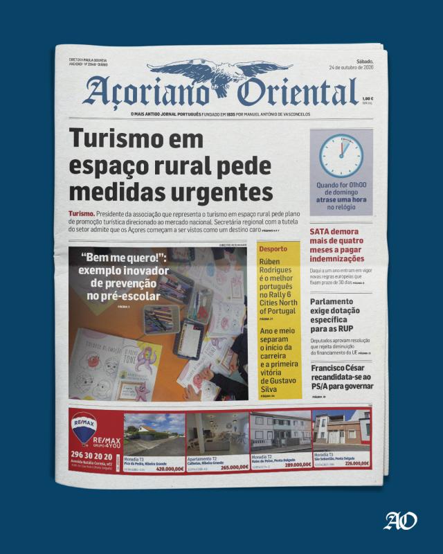 "Turismo em espaço rural pede medidas urgentes" é a manchete do Açoriano Oriental